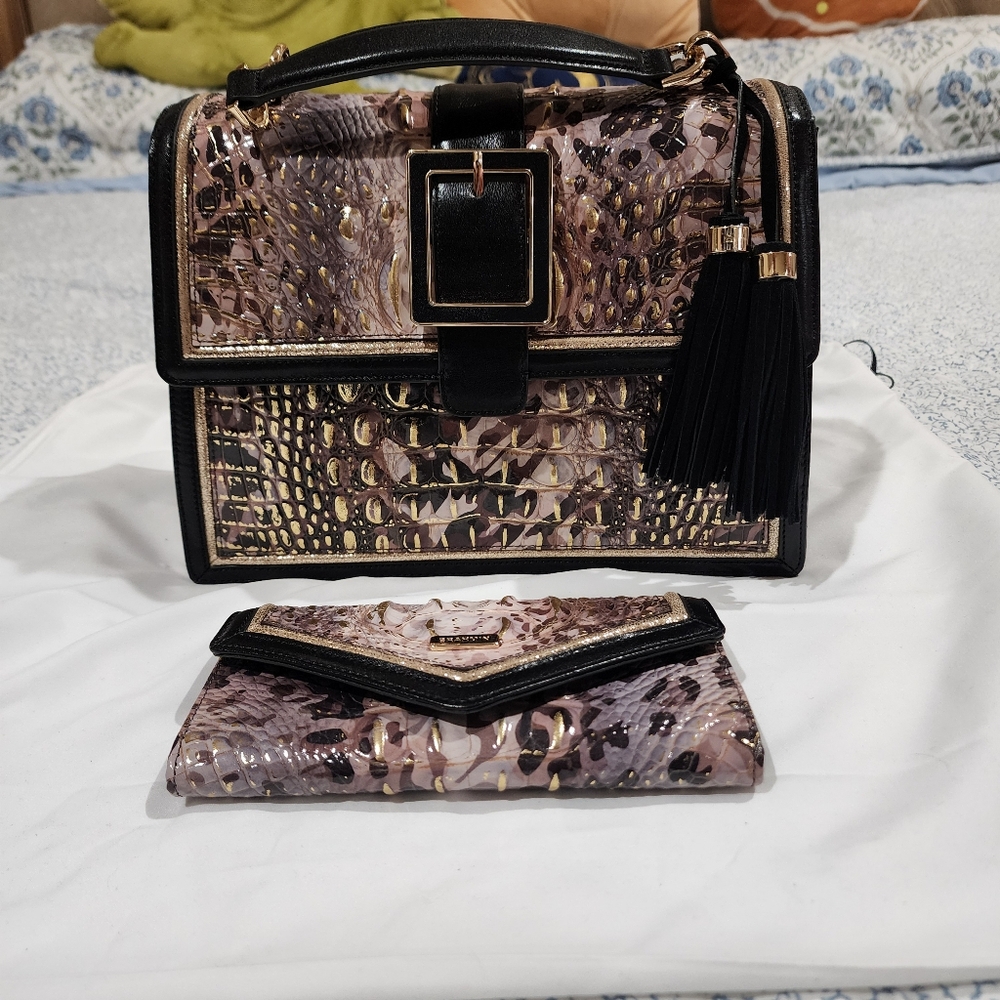 Elegant Black and Brown Croc-Embossed Women's Bag Set